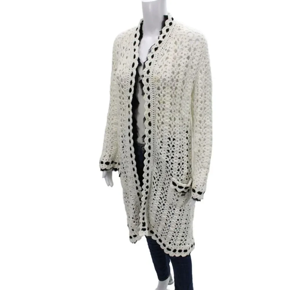 Chanel Womens Cardigan V-Neck Open Long Sleeve White Designer Size 48